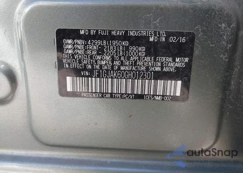 2016 Subaru Impreza 2.0I Limited из США, поврежденный, VIN JF1GJAK60GH012301